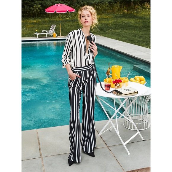 Alice + Olivia Dylan Black Off White Striped Wide Leg Pants - Picture 4 of 15